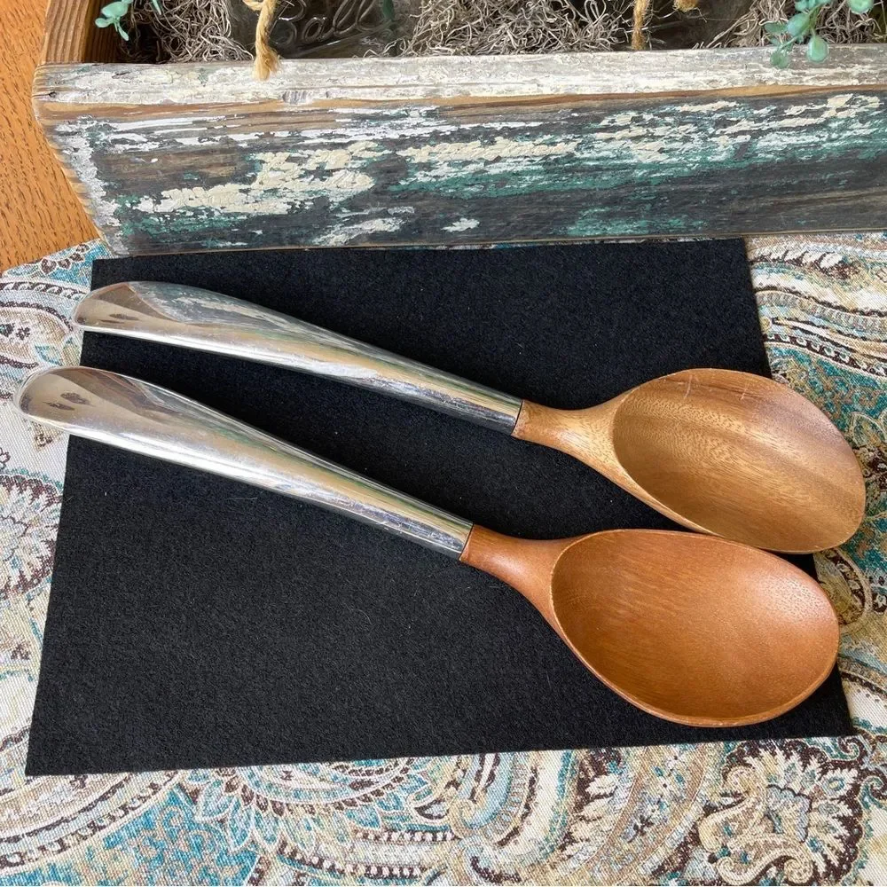 Teak or Acacia stainless serving utensils Salad mid century modernist vtg 70s